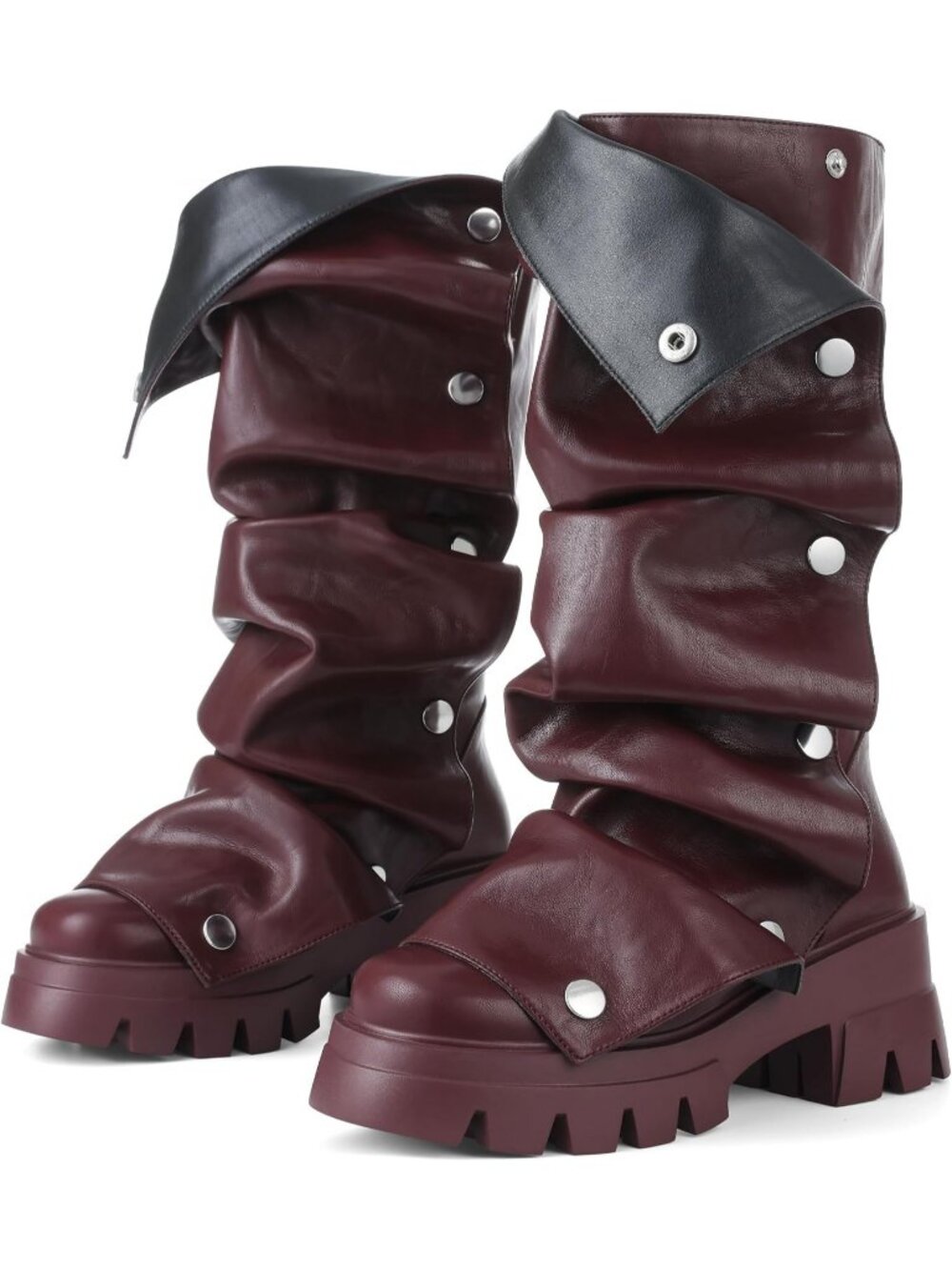Women's Burgundy Slouchy Fold Over Fashion Chunky Heel Non-Slip Wide Calf Boots